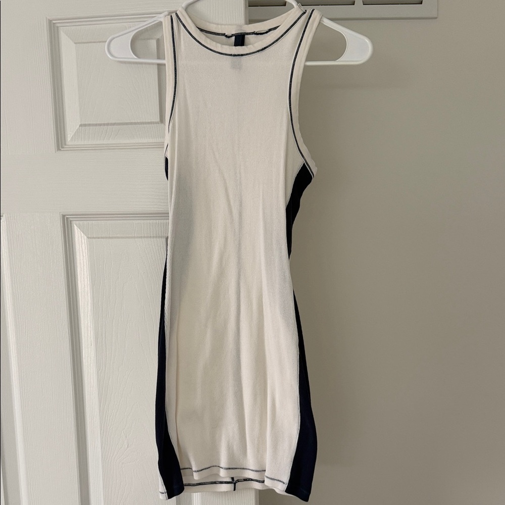 SKIMS cream and navy blue ribbed mini dress